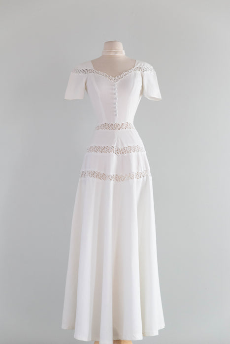 The Sweetest 1940's Cotton Pique Wedding Gown With Lace Insets & Full Skirt / SM