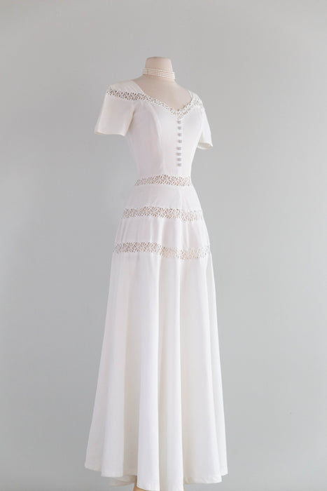 The Sweetest 1940's Cotton Pique Wedding Gown With Lace Insets & Full Skirt / SM