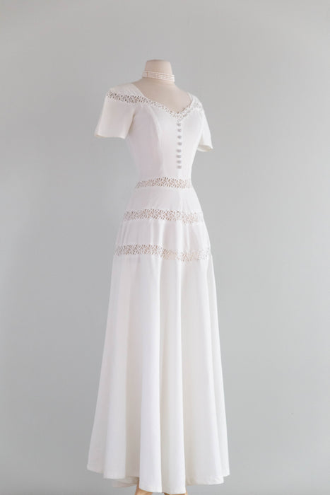 The Sweetest 1940's Cotton Pique Wedding Gown With Lace Insets & Full Skirt / SM