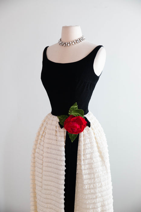 Elegant Early 1960's Evening Gown In Black Velvet & Tiered Lace / XS