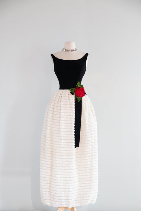 Elegant Early 1960's Evening Gown In Black Velvet & Tiered Lace / XS