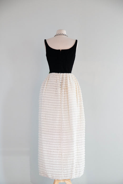 Elegant Early 1960's Evening Gown In Black Velvet & Tiered Lace / XS
