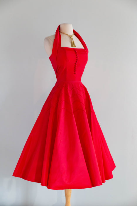 Iconic Sweetheart 1950's Cherry Red Taffeta Halter Dress By Gigi Young / S