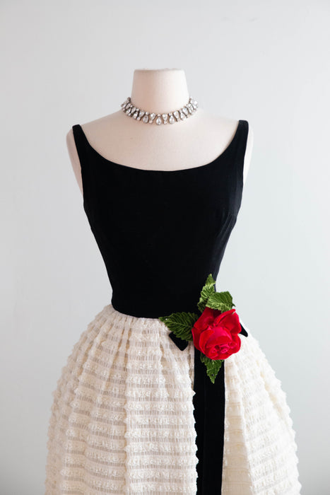 Elegant Early 1960's Evening Gown In Black Velvet & Tiered Lace / XS