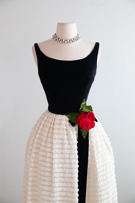 Elegant Early 1960's Evening Gown In Black Velvet & Tiered Lace / XS