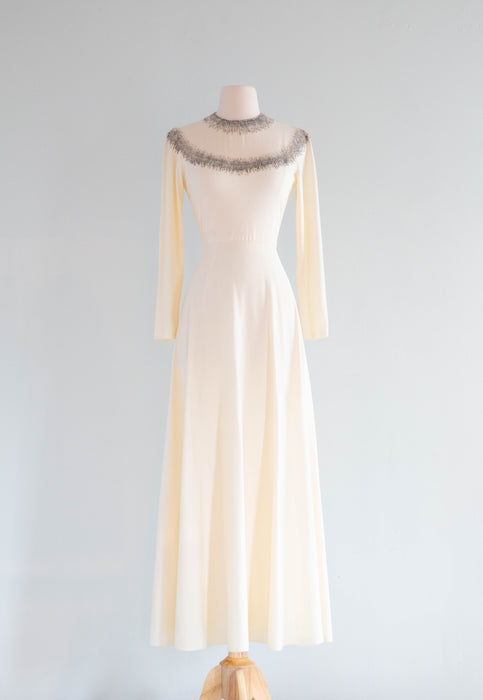 Glamorous 1960's Beaded Ivory Evening Dress / Small