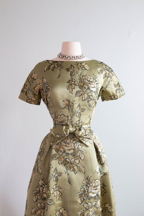 Fabulous Late 1950's Herbert Sondheim Green & Gold Silk Rose Print Cocktail Dress / ML