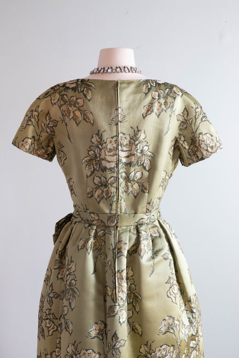 Fabulous Late 1950's Herbert Sondheim Green & Gold Silk Rose Print Cocktail Dress / ML