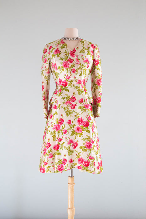 Gorgeous 1960's Arnold Scaasi Silk Rose Print Dress & Jacket Set / SM