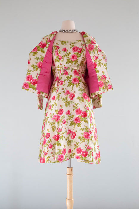 Gorgeous 1960's Arnold Scaasi Silk Rose Print Dress & Jacket Set / SM