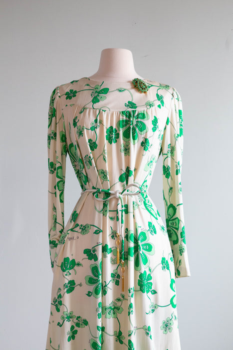 Chic Vintage Pucci Silk Jersey 1970's Green Clover Dress By Emilio Pucci / Medium