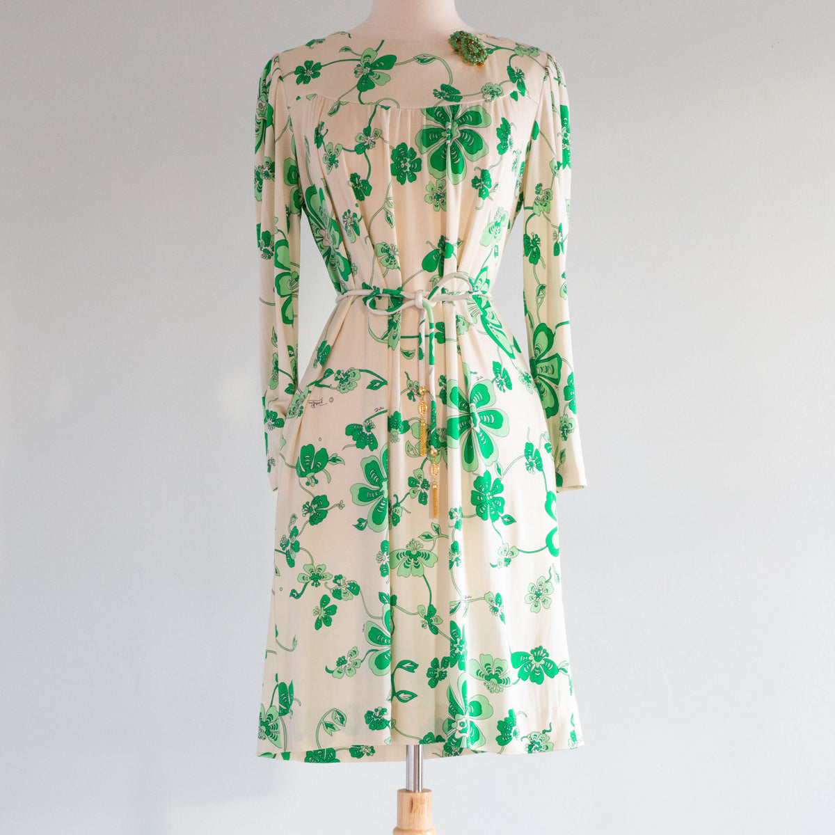 Chic Vintage Pucci Silk Jersey 1970's Green Clover Dress By Emilio Pucci / Medium