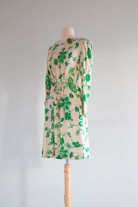 Chic Vintage Pucci Silk Jersey 1970's Green Clover Dress By Emilio Pucci / Medium