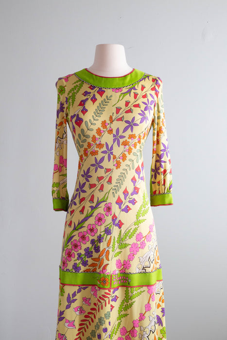 Fabulous Italian Designer Silk Jersey Spring Midi Length Garden Party Dress Signed Bessi / Medium