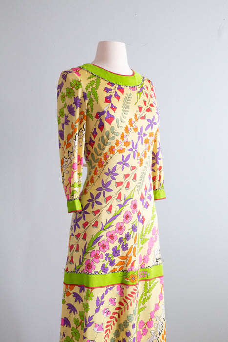 Fabulous Italian Designer Silk Jersey Spring Midi Length Garden Party Dress Signed Bessi / Medium