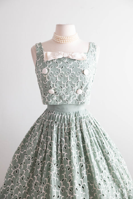 Beautiful Late 1950's Spearmint Green Cotton Eyelet Dress / XS