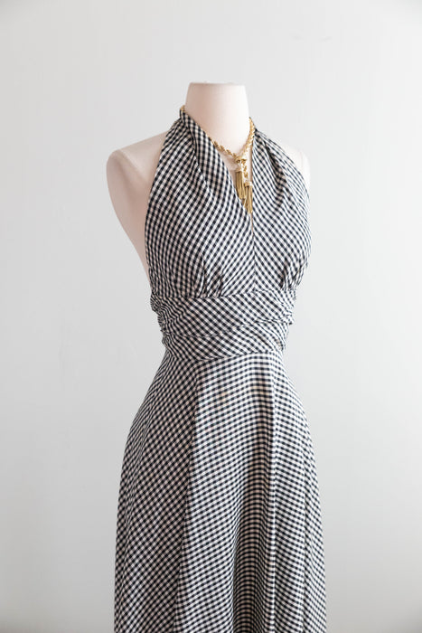 Glamorous 1970's Black and White Gingham Halter Dress / Small
