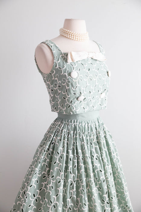 Beautiful Late 1950's Spearmint Green Cotton Eyelet Dress / XS