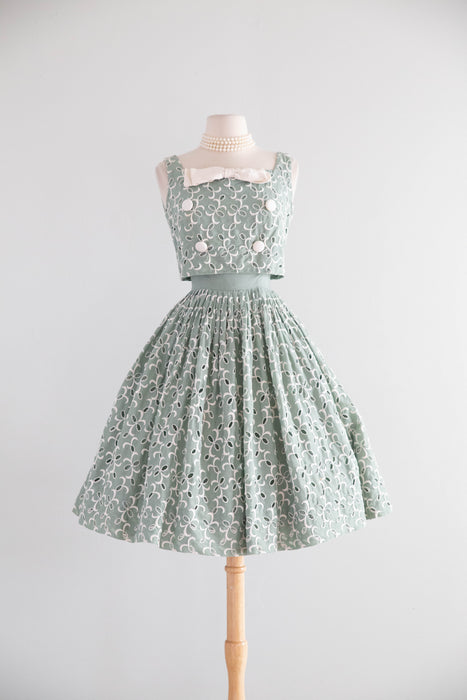 Beautiful Late 1950's Spearmint Green Cotton Eyelet Dress / XS