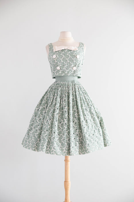 Beautiful Late 1950's Spearmint Green Cotton Eyelet Dress / XS