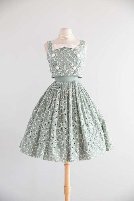 Beautiful Late 1950's Spearmint Green Cotton Eyelet Dress / XS