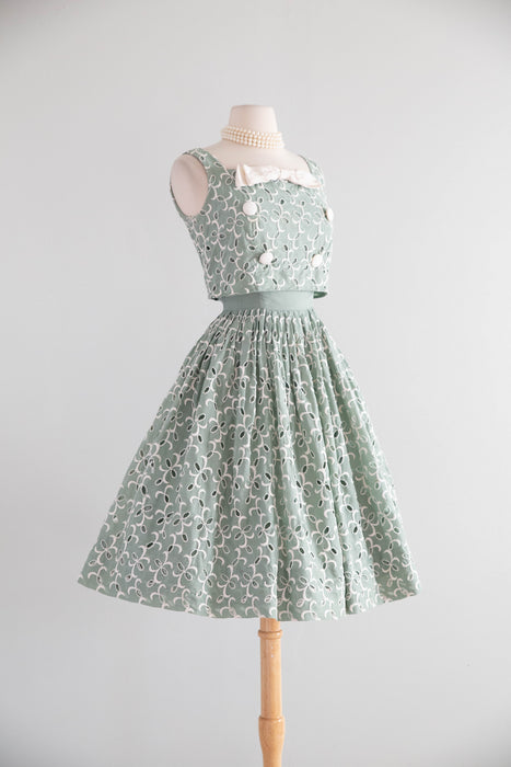 Beautiful Late 1950's Spearmint Green Cotton Eyelet Dress / XS