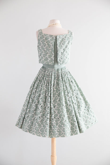 Beautiful Late 1950's Spearmint Green Cotton Eyelet Dress / XS