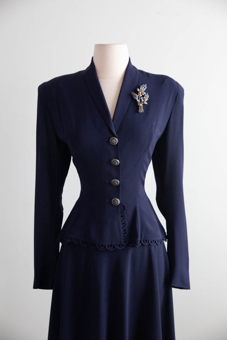 Impeccable 1940's Navy Blue Suit By International Fashion New York / S