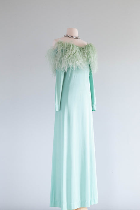 Fabulous Late 1960's Mint Daiquiri Ostrich Feather Trimmed Evening Gown / Med.