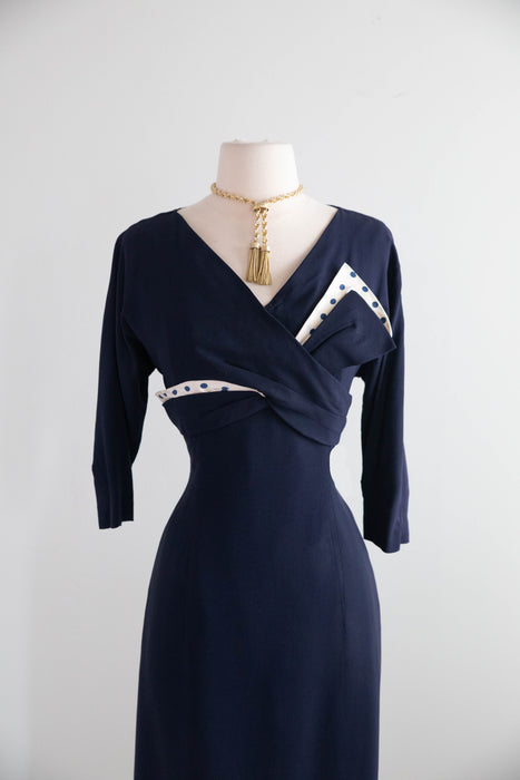 Iconic Marilyn Style 1950's Navy Blue & Polka Dot Wiggle Dress / SM