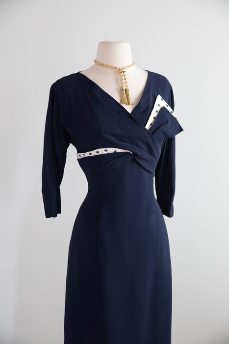 Iconic Marilyn Style 1950's Navy Blue & Polka Dot Wiggle Dress / SM