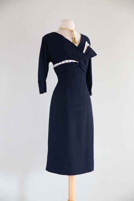 Iconic Marilyn Style 1950's Navy Blue & Polka Dot Wiggle Dress / SM