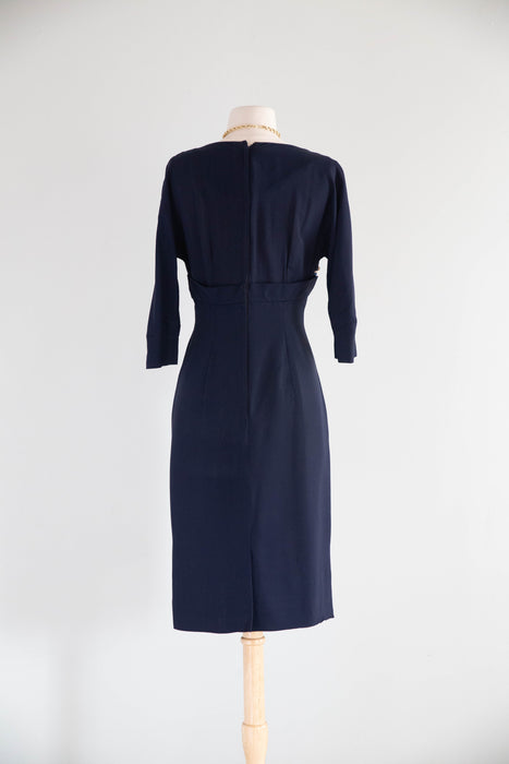 Iconic Marilyn Style 1950's Navy Blue & Polka Dot Wiggle Dress / SM