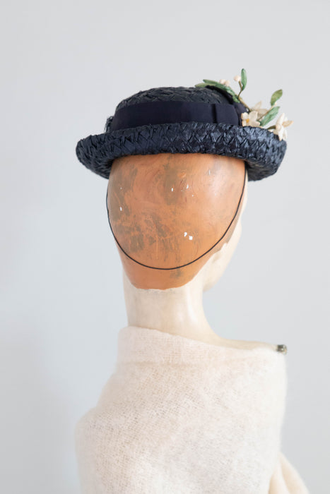 Darling 1950's Navy Blue Woven Straw Hat With White Millenary Flowers By LaRose / SM
