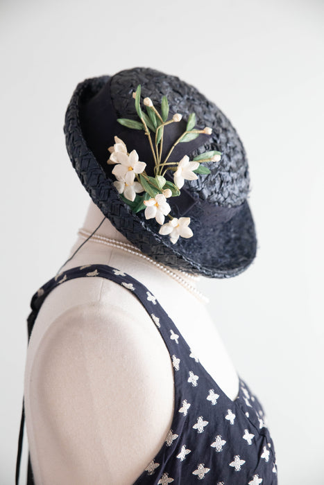 Darling 1950's Navy Blue Woven Straw Hat With White Millenary Flowers By LaRose / SM