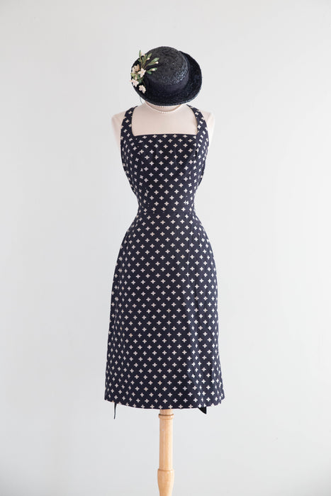 Stunning 1950's Pat Premo Navy Blue Embroidered Halter Dress / XS