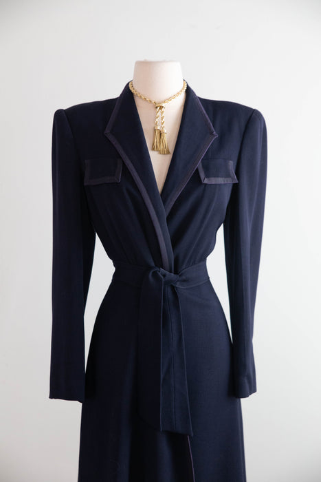 Elegant 1940's Navy Wool Gabardine Princess Style Wrap Coat / M