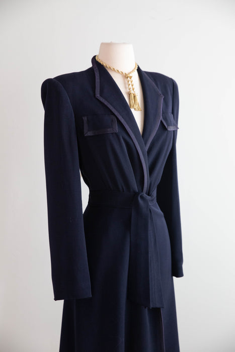 Elegant 1940's Navy Wool Gabardine Princess Style Wrap Coat / M
