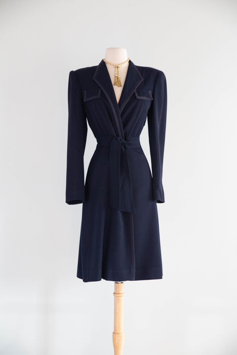 Elegant 1940's Navy Wool Gabardine Princess Style Wrap Coat / M