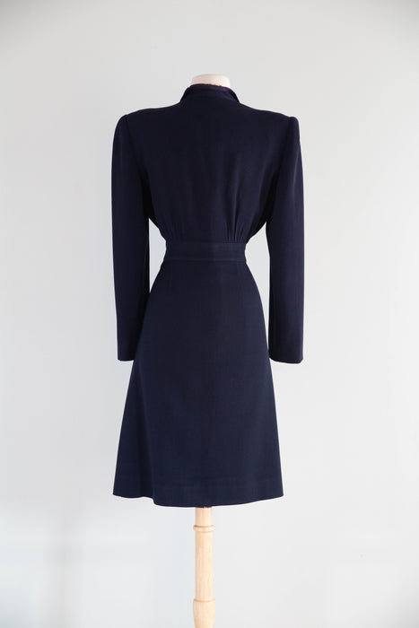 Elegant 1940's Navy Wool Gabardine Princess Style Wrap Coat / M