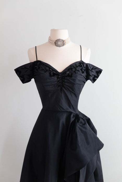 Dramatic Old Hollwood Early 1950's Black Taffeta Evening Gown / S