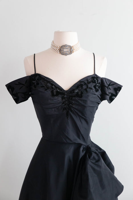 Dramatic Old Hollwood Early 1950's Black Taffeta Evening Gown / S