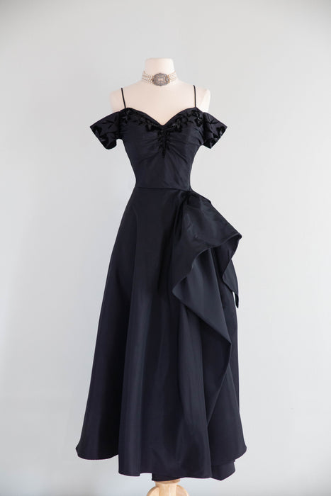 Dramatic Old Hollwood Early 1950's Black Taffeta Evening Gown / S