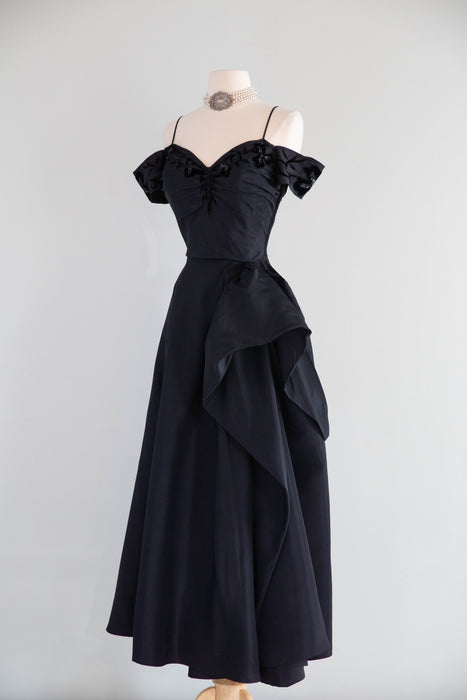 Dramatic Old Hollwood Early 1950's Black Taffeta Evening Gown / S