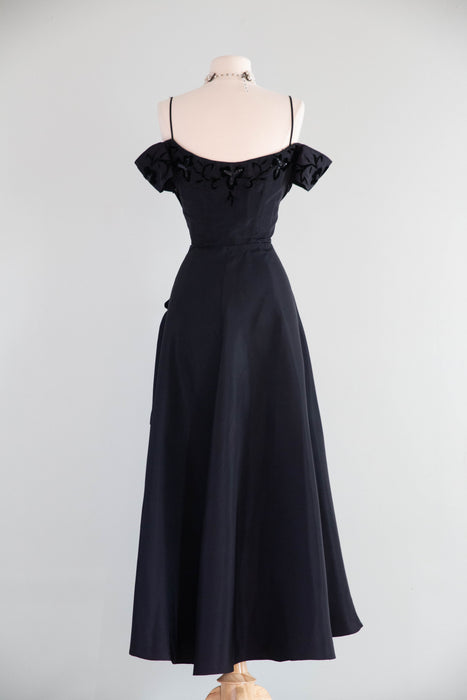 Dramatic Old Hollwood Early 1950's Black Taffeta Evening Gown / S