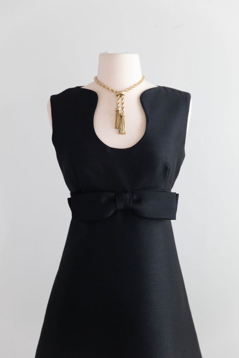 Sculptural 1960's MOD Cocktail Dress In Inky Black Shantung Silk / SM