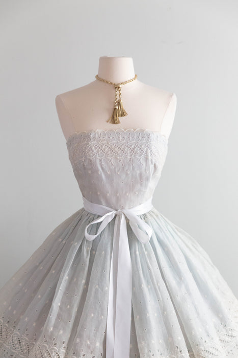 Romantic 1950's Eggshell Cotton Organdy Eyelet Strapless Party Dress / XS