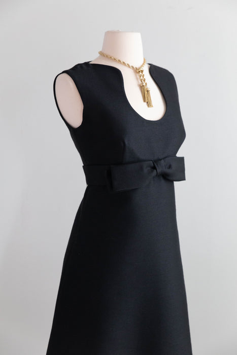 Sculptural 1960's MOD Cocktail Dress In Inky Black Shantung Silk / SM