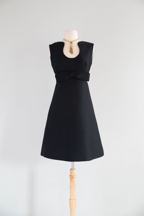 Sculptural 1960's MOD Cocktail Dress In Inky Black Shantung Silk / SM