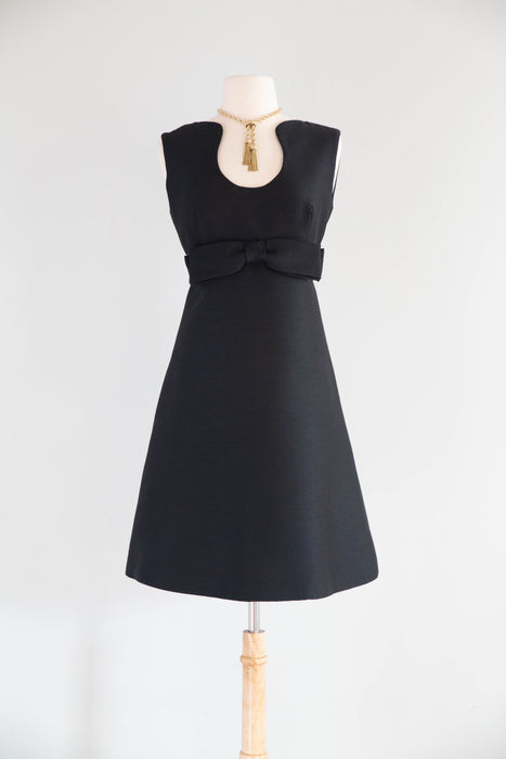 Sculptural 1960's MOD Cocktail Dress In Inky Black Shantung Silk / SM